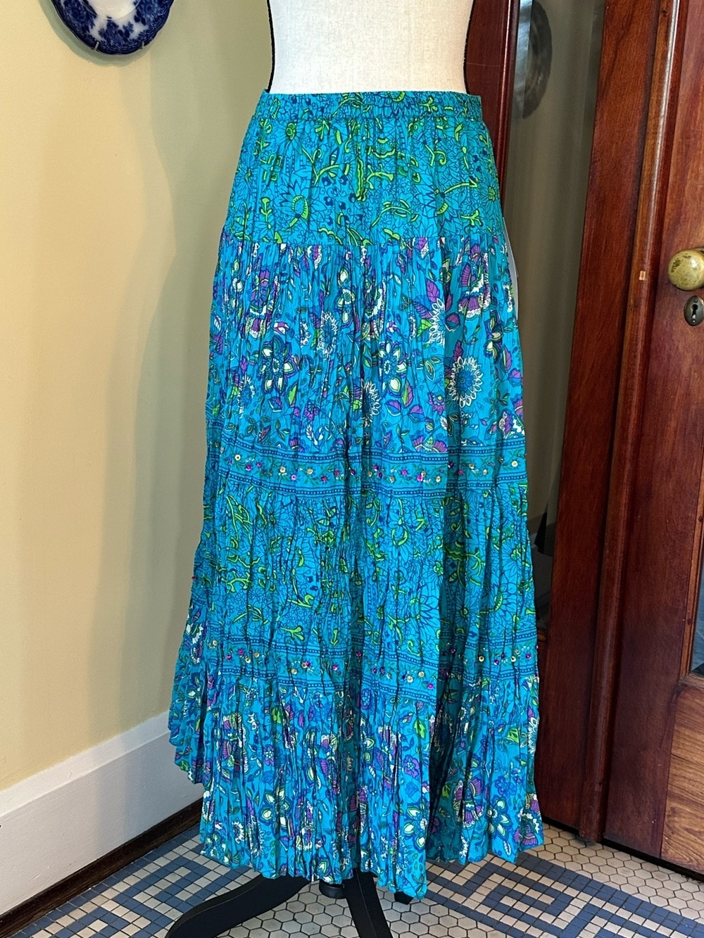 Phool | VTG Blue Floral Block Print Tiered Broomstick Maxi Skirt, Size L NWT